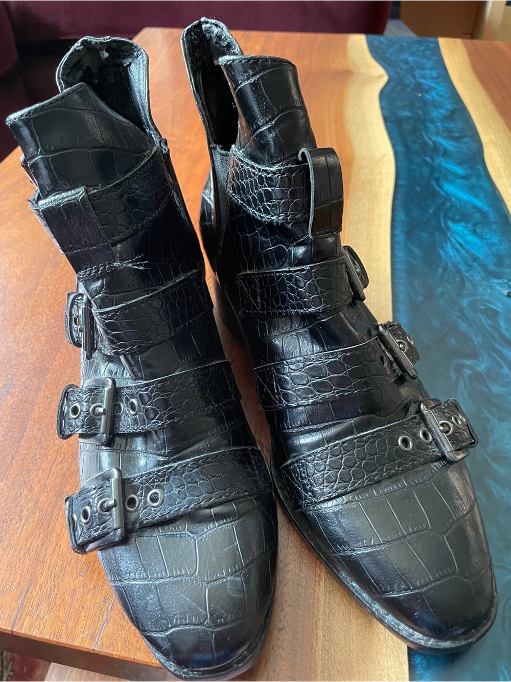 Women’s Black Croc-Embossed Buckle Ankle Boots